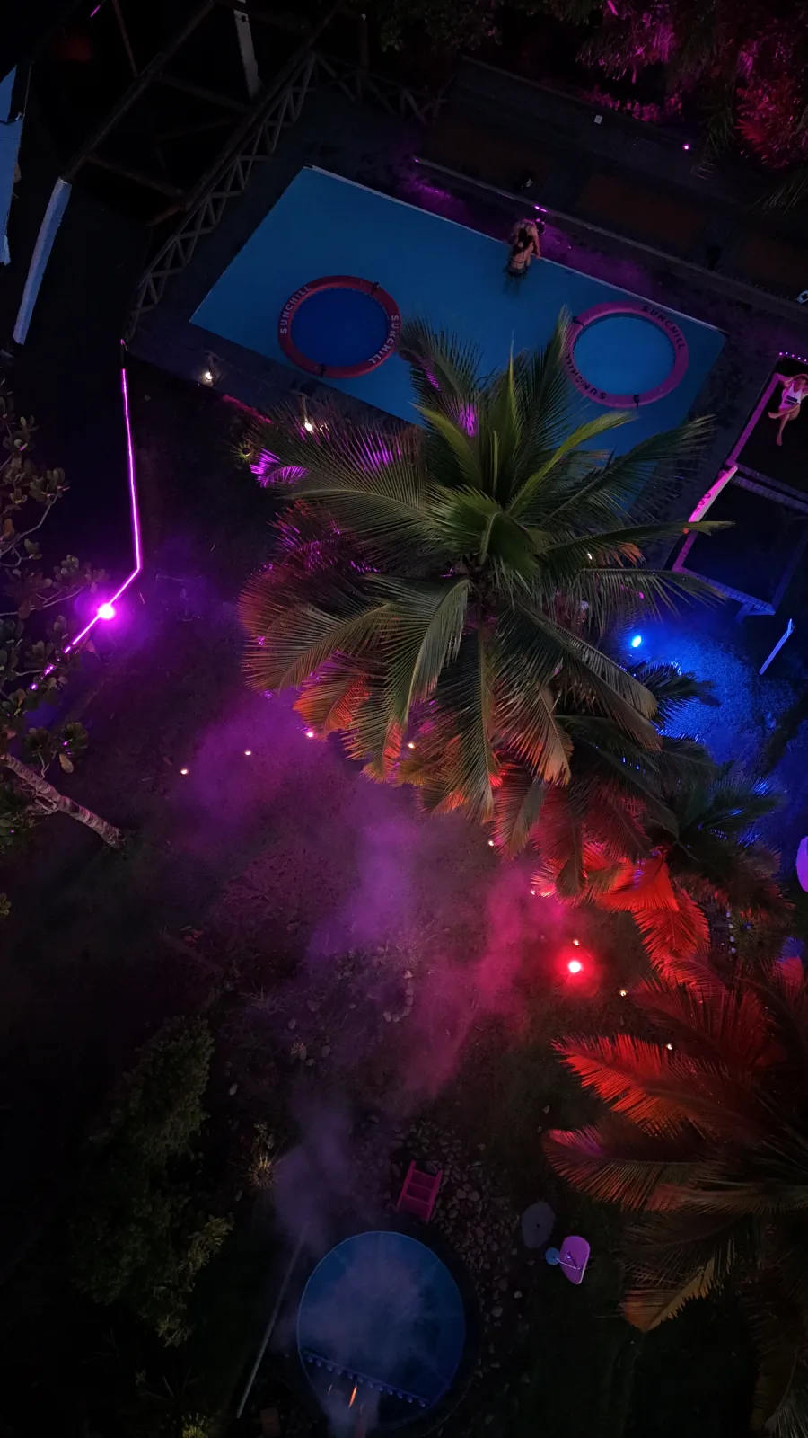 Ambiente de fiesta nocturna entre palmeras, luces de colores y humo.