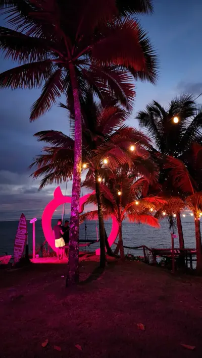 Palmeras y columpio con forma de corazón iluminados al anochecer.