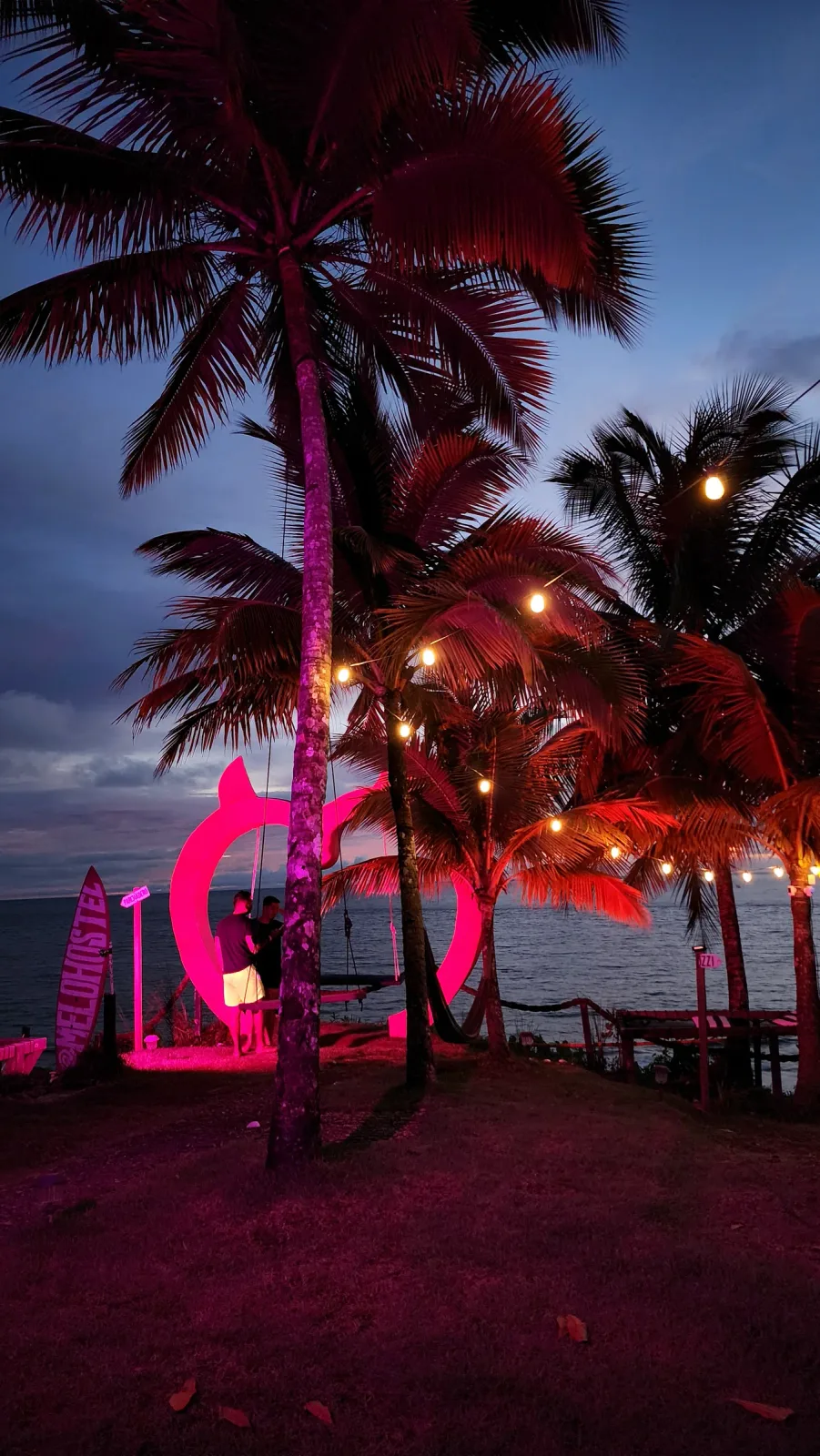 Palmeras y columpio con forma de corazón iluminados al anochecer.