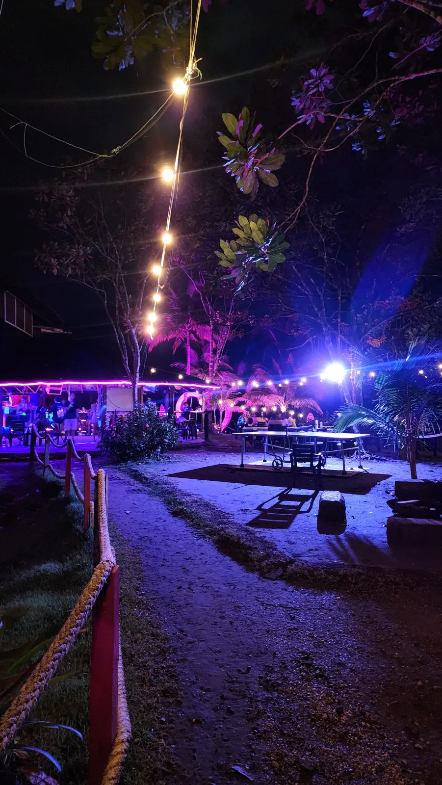 Zona social nocturna con mesas, árboles y luces de neón azules y violetas.